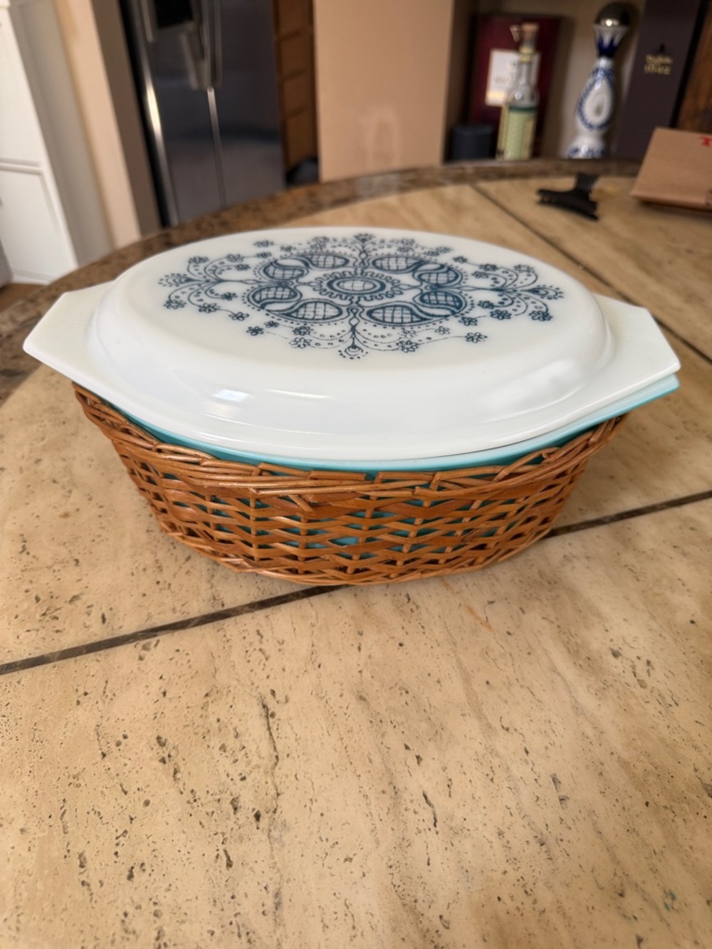 Pyrex BLUE DOILY Vintage Covered Casserole with Wicker Carrier